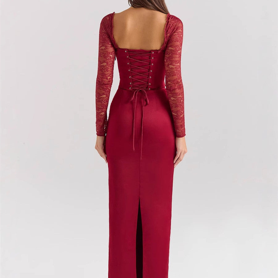 Wine Red Lace Stitching Tied Long Sleeves HOT Dress
