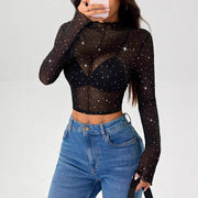 Shine with this Stand-up Collar Long-sleeved Mesh Transparent Sequined Decorative Top