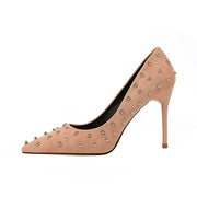 Sexy Korean Style Khaki Suede Rivet Pointed Stiletto Heels