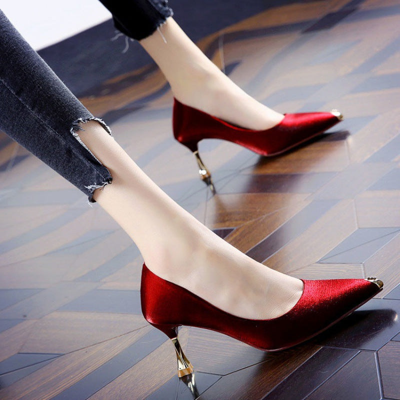 Chic Korean Style Satin Pointed Stiletto Heels