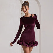 Round Neck Long Sleeve Velvet Three-dimensional Pleated Dress