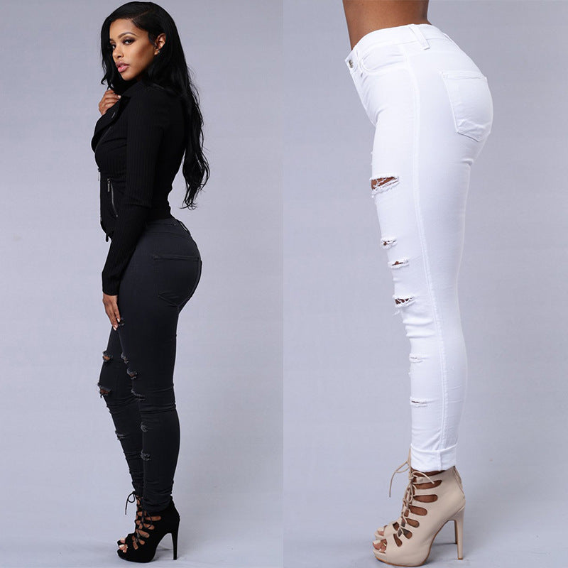 Ripped Jeans - Skinny Trousers - High Waist Pencil Pants