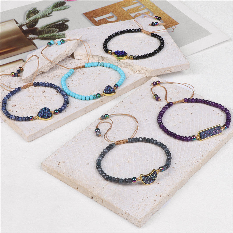 Natural Stone Woven Bracelet with Beads and Quartz Adjustable Rope