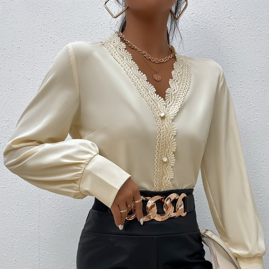 Simple, Elegant Lace Stitching V-neck Top