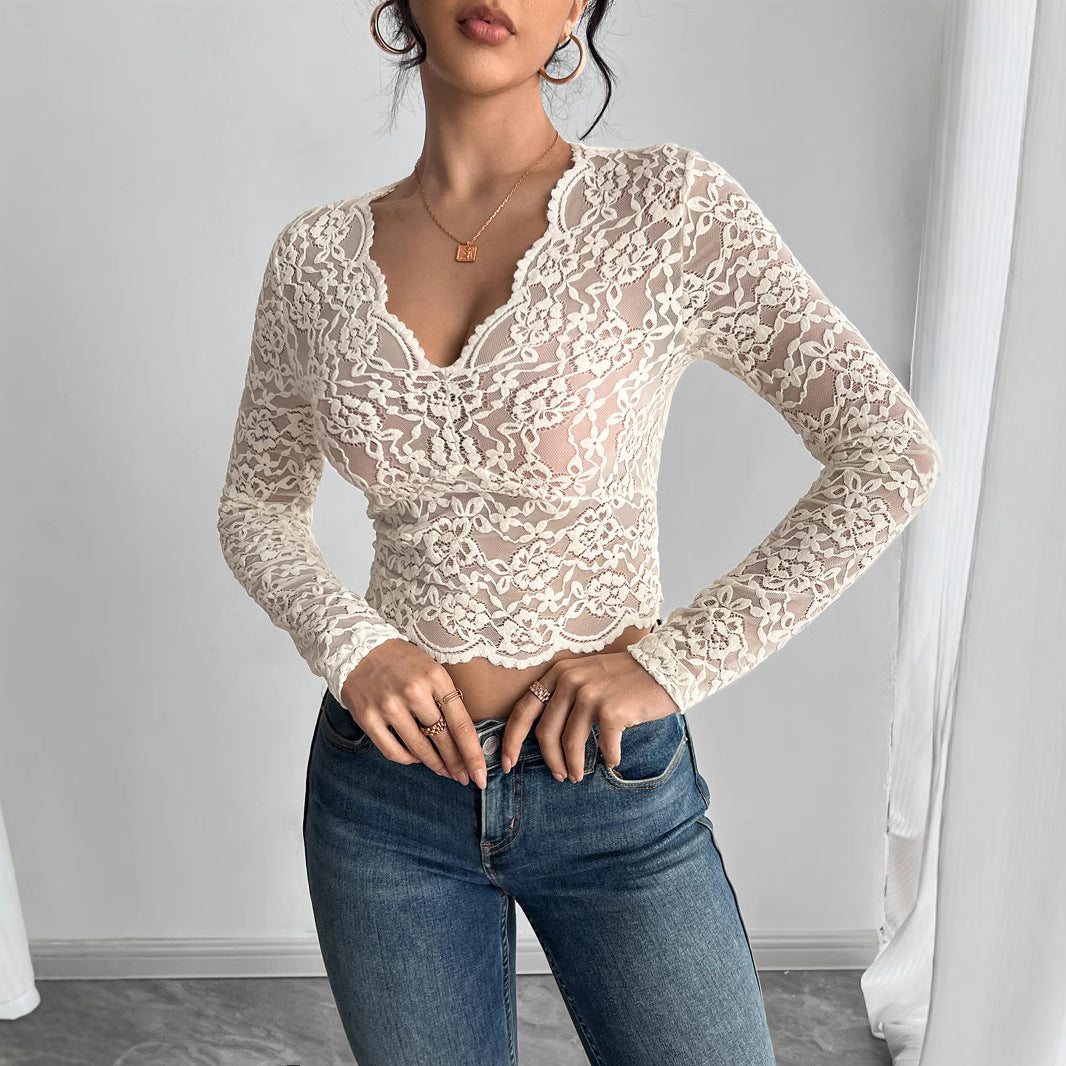 Sexy Lace Vintage-style V-neck Long Sleeve Top