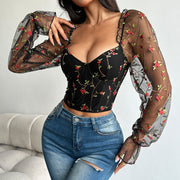 Embroidered Patchwork Sheer Mesh Long-Sleeve Top