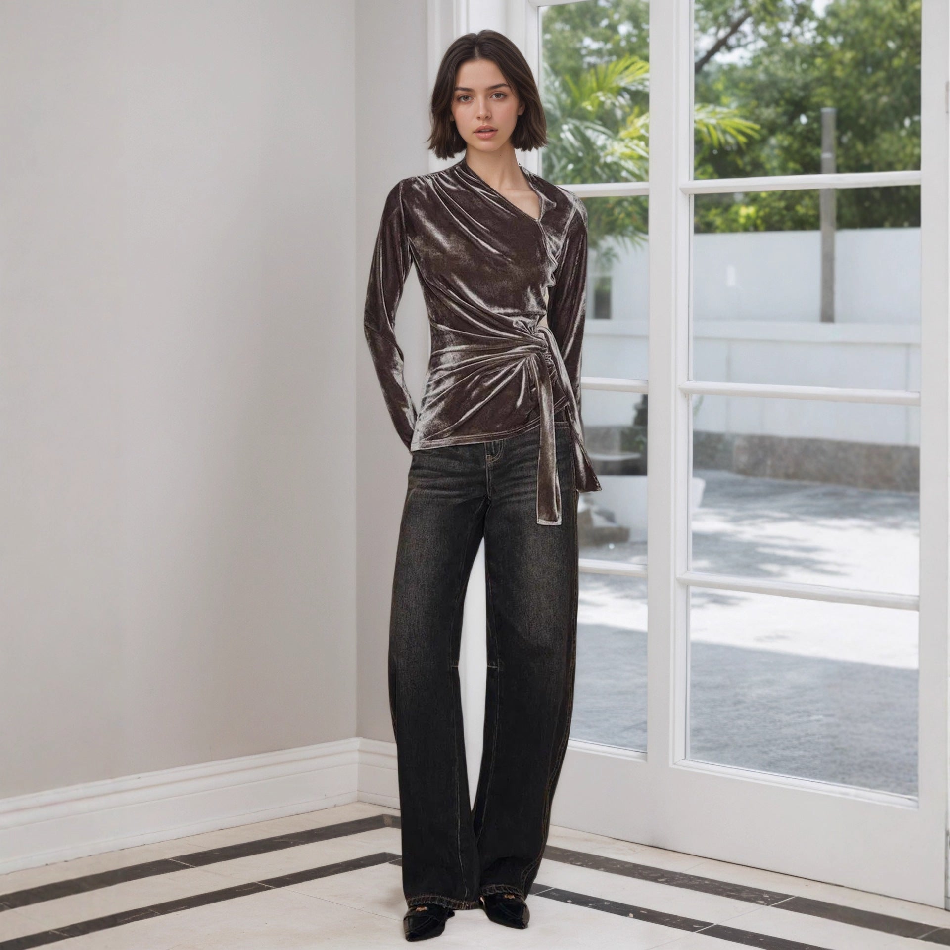 Half-open-collar Long-sleeve Top