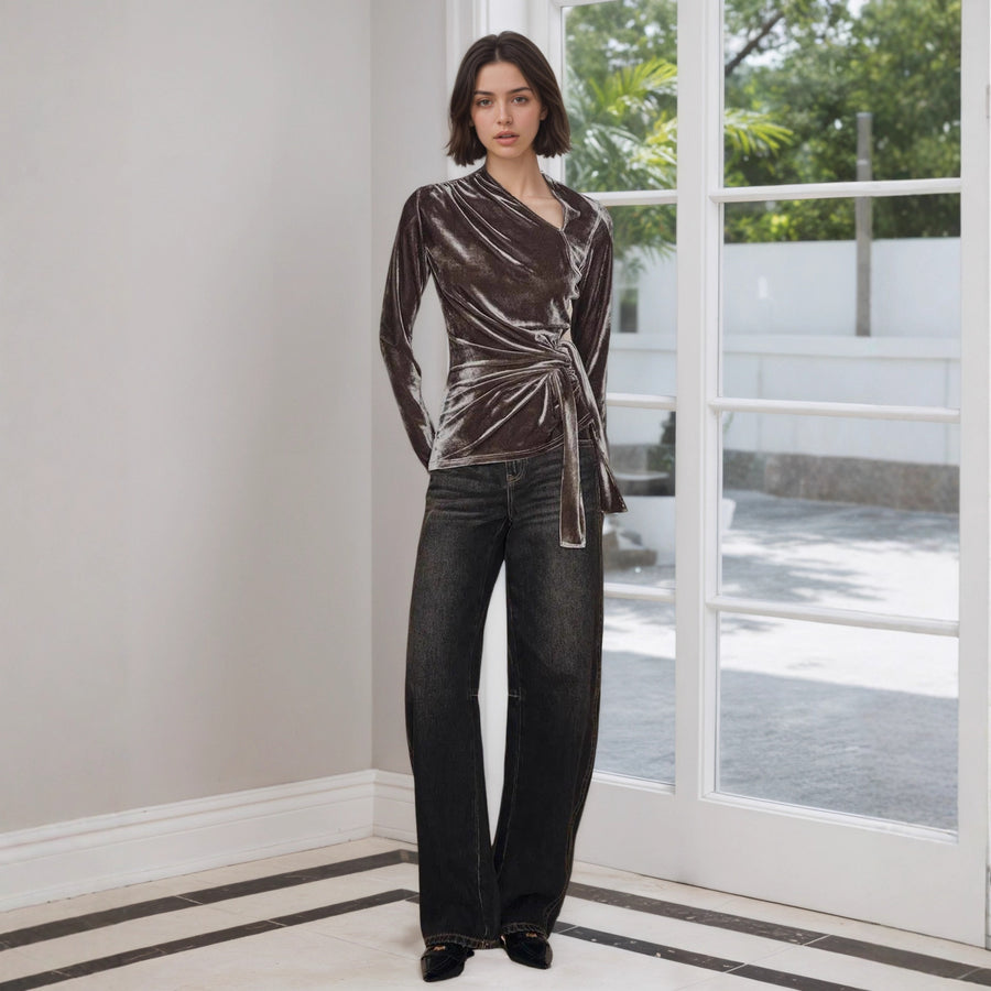 Half-open-collar Long-sleeve Top