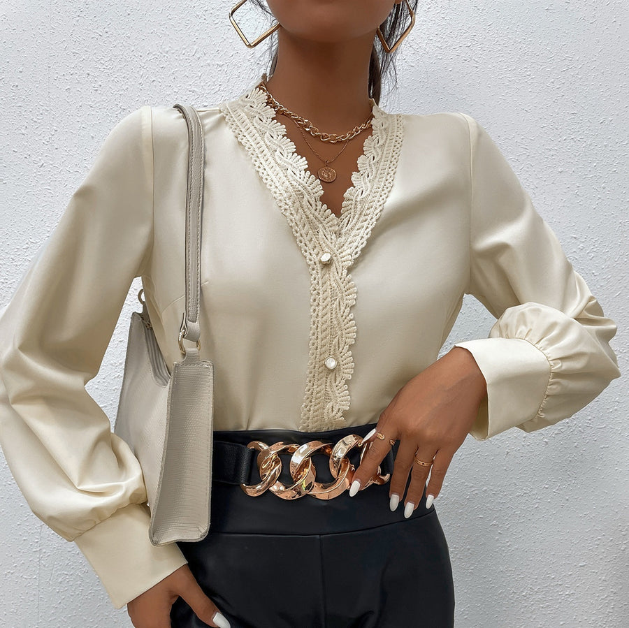 Simple, Elegant Lace Stitching V-neck Top