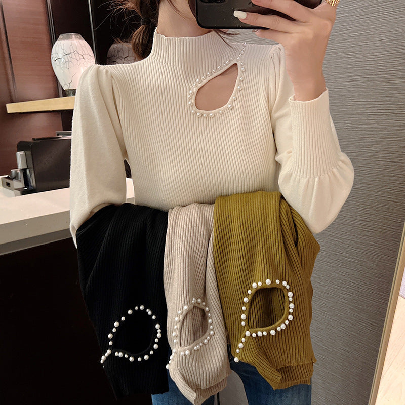Beaded Half Turtleneck Puff Sleeve Long Sleeve Bottoming Top