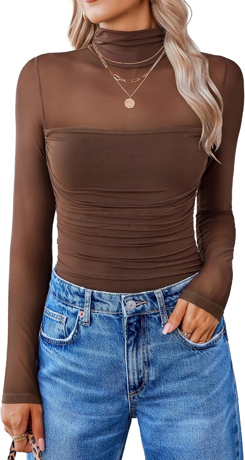 Round Neck Mesh Stitching Sheer Long Sleeve Top