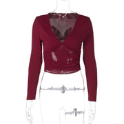 Mesh Slim Fit Patchwork Long Sleeve Sexy Top