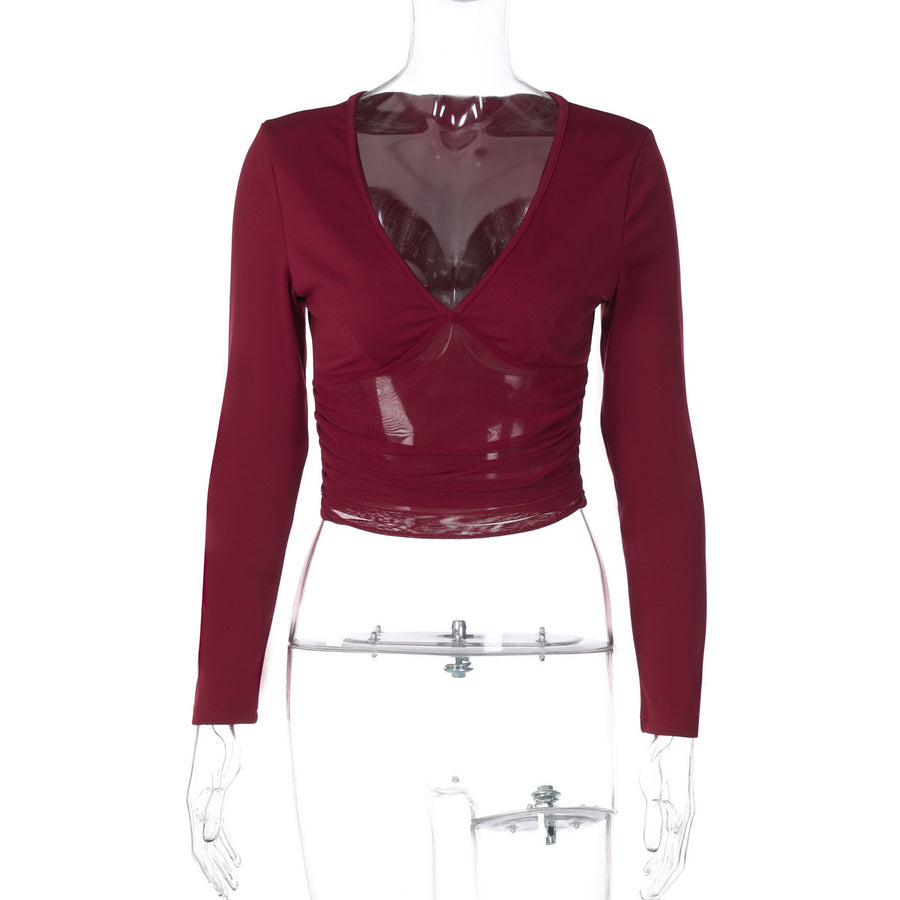 Mesh Slim Fit Patchwork Long Sleeve Sexy Top