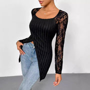 Lace Stitching Long Sleeve Irregular Top