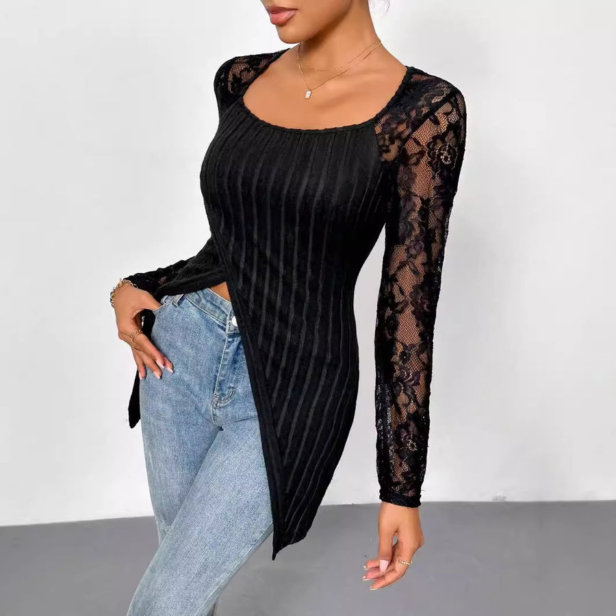 Lace Stitching Long Sleeve Irregular Top