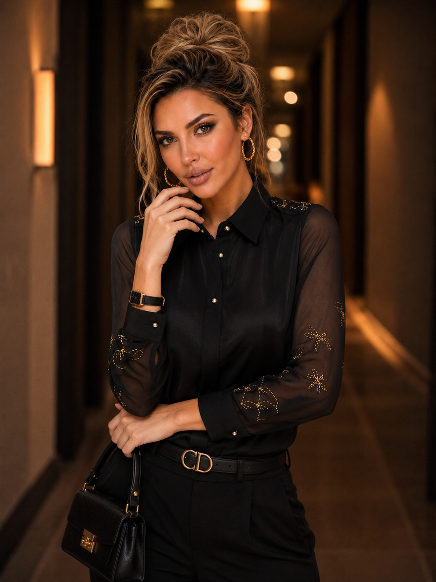 High-end Black Long-sleeved Professional Top