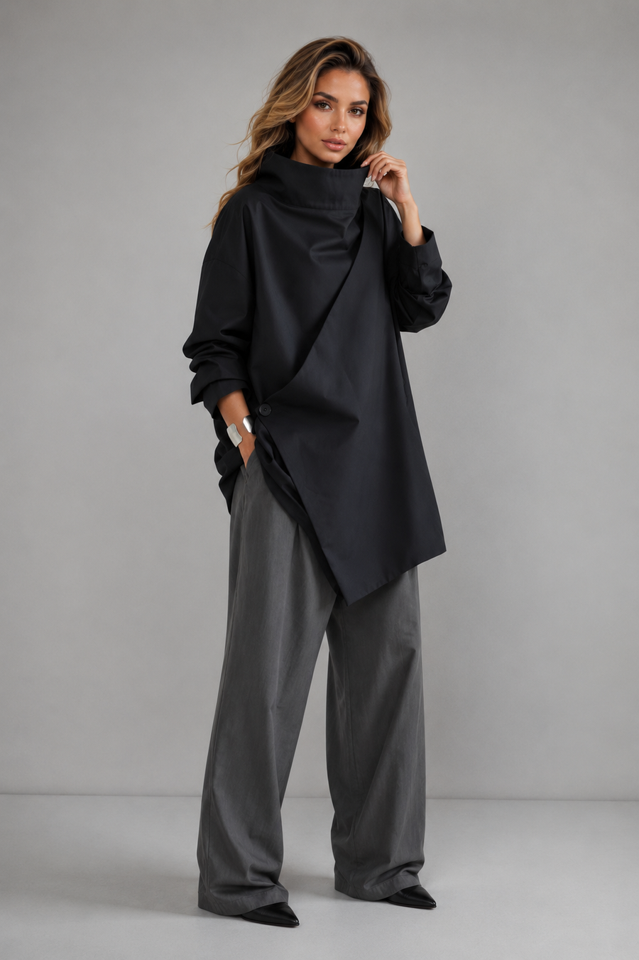 Dark High Cascading Collar Long Sleeve Top