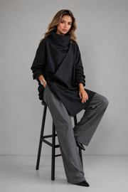Dark High Cascading Collar Long Sleeve Top