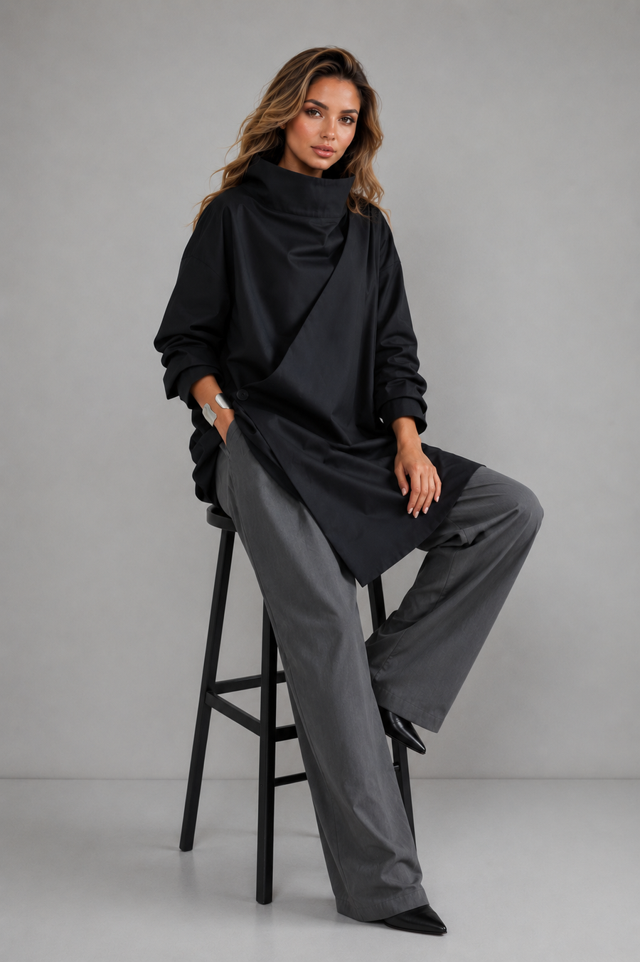 Dark High Cascading Collar Long Sleeve Top