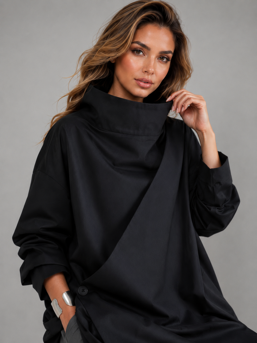 Dark High Cascading Collar Long Sleeve Top