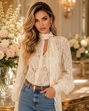 French Ribbon Sheer Lace Long-sleeve Blouse