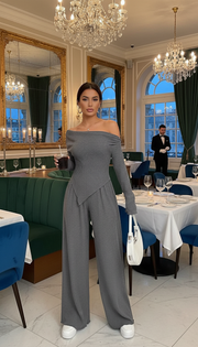 Solid-color Elegant Off-shoulder Sleeveless Shirt And Wide-leg Pants Set