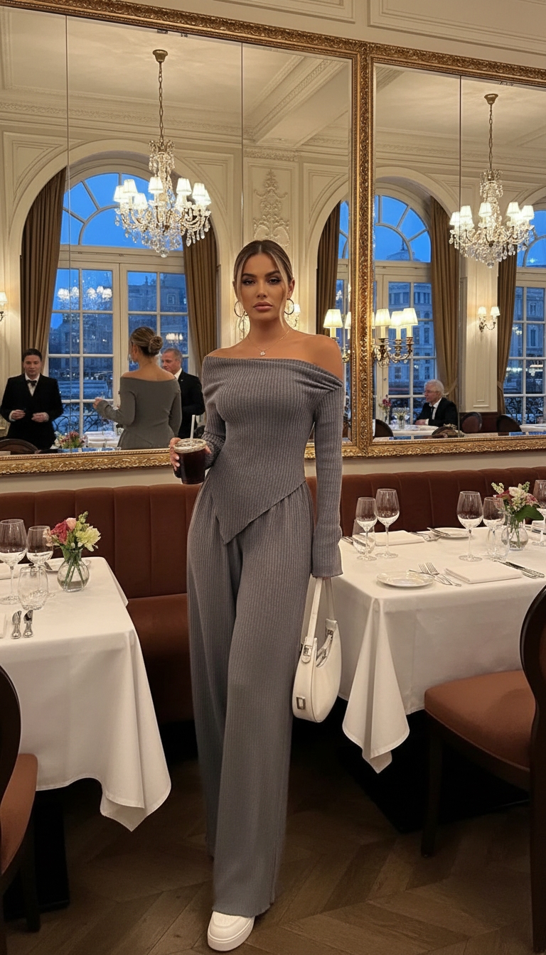 Solid-color Elegant Off-shoulder Sleeveless Shirt And Wide-leg Pants Set