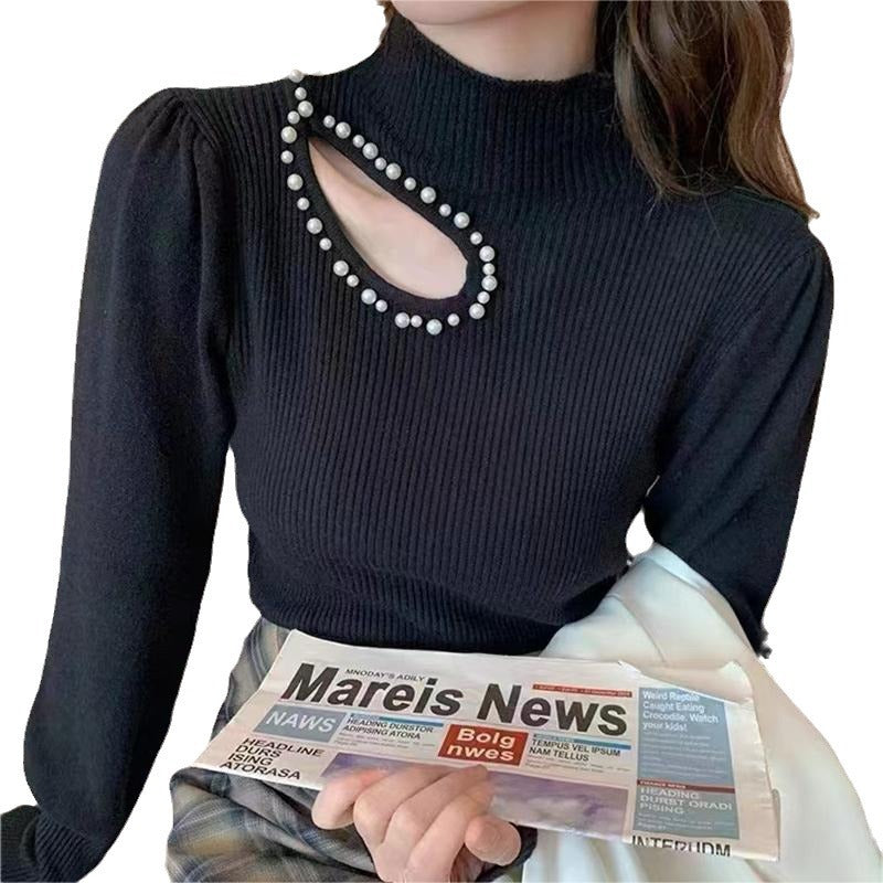 Beaded Half Turtleneck Puff Sleeve Long Sleeve Bottoming Top