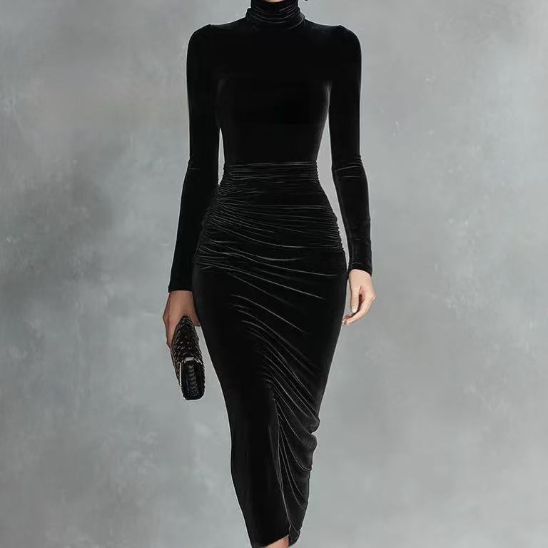 Black Velvet Sexy Half Turtleneck Classic Dress