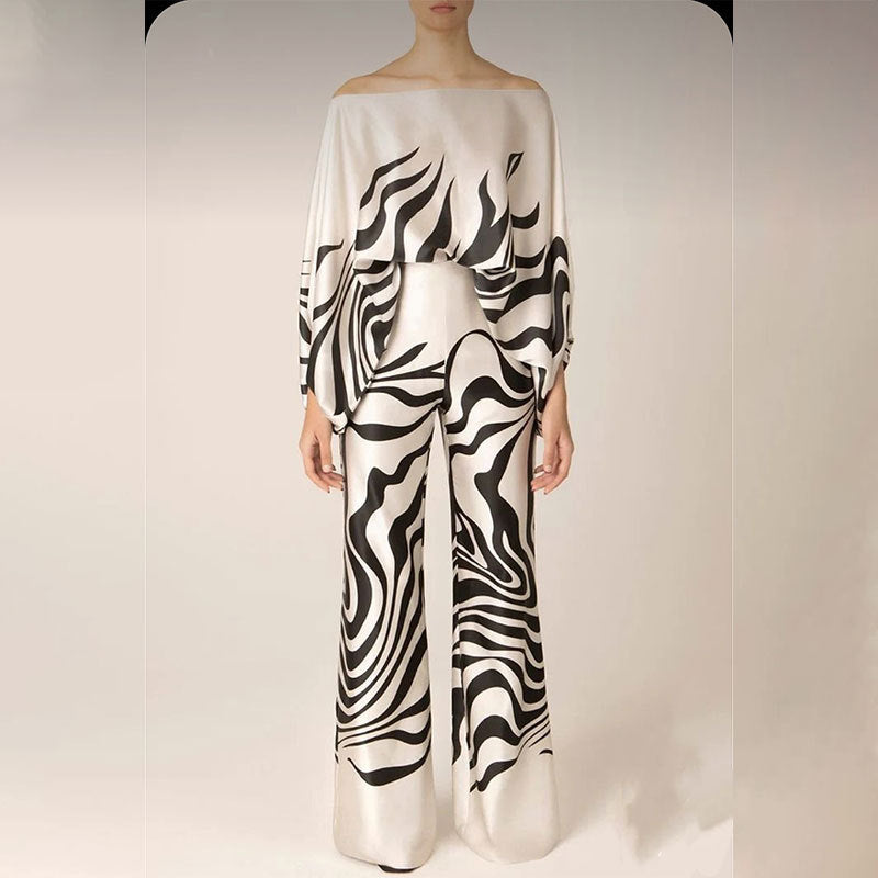 Chic Printed Batwing Sleeve Top & Wide-Leg Pants Set