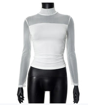 Round Neck Mesh Stitching Sheer Long Sleeve Top