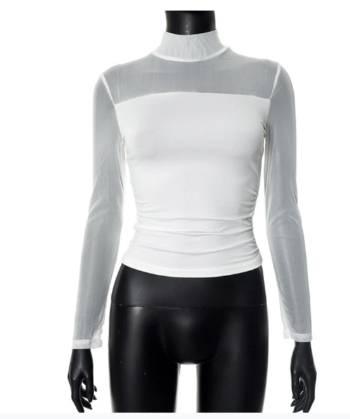 Round Neck Mesh Stitching Sheer Long Sleeve Top