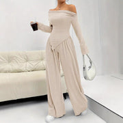 Solid-color Elegant Off-shoulder Sleeveless Shirt And Wide-leg Pants Set