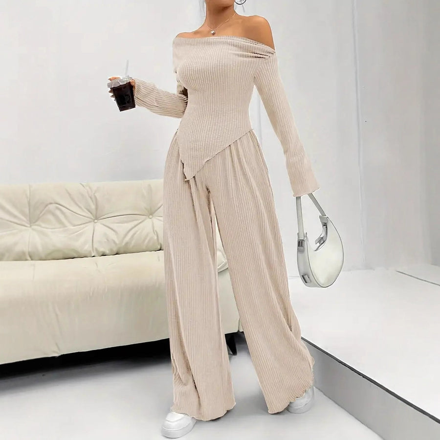 Solid-color Elegant Off-shoulder Sleeveless Shirt And Wide-leg Pants Set