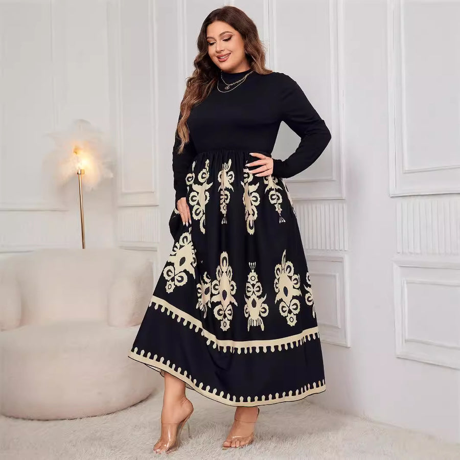 Printed Black Loose Long Sleeve Dress