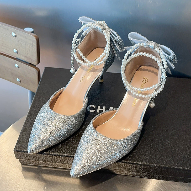 Glam Black Sequin Bow Pointed Toe Heels