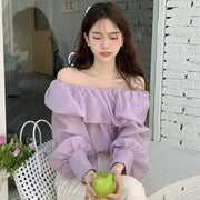 Elegant Boat-neck Off-the-shoulder Design Loose Puff Sleeves Chiffon Top