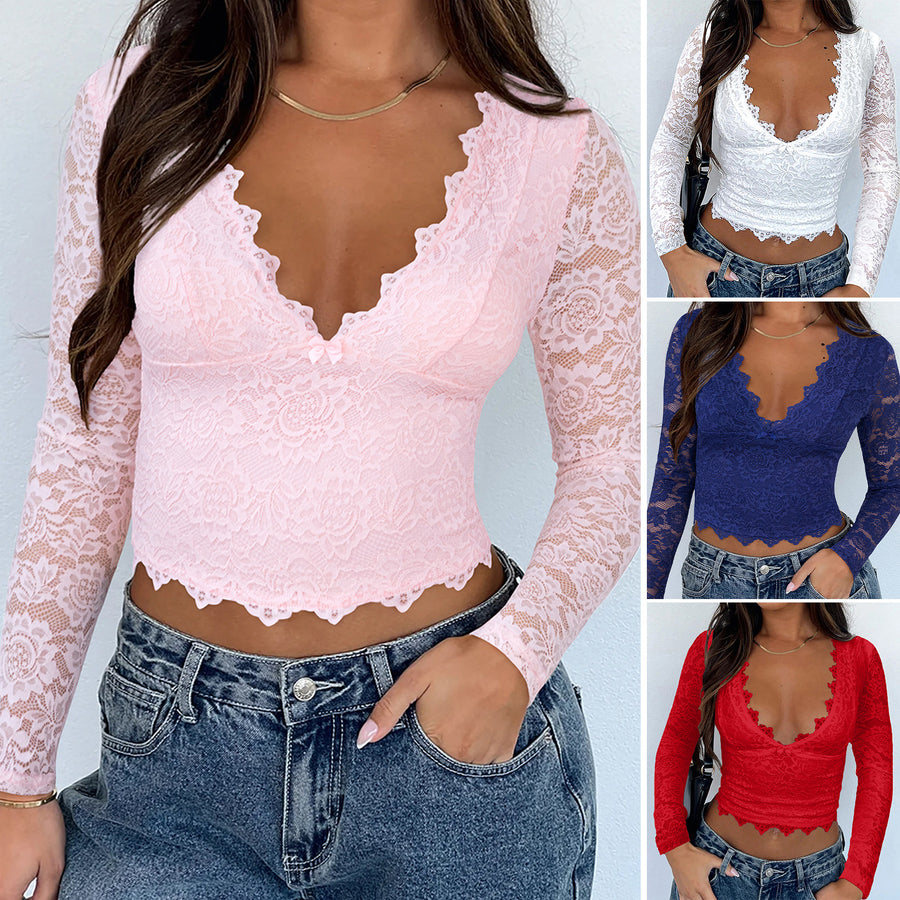 Sexy Slim-fit V-neck Solid-color Lace Sheer Long-sleeve Top