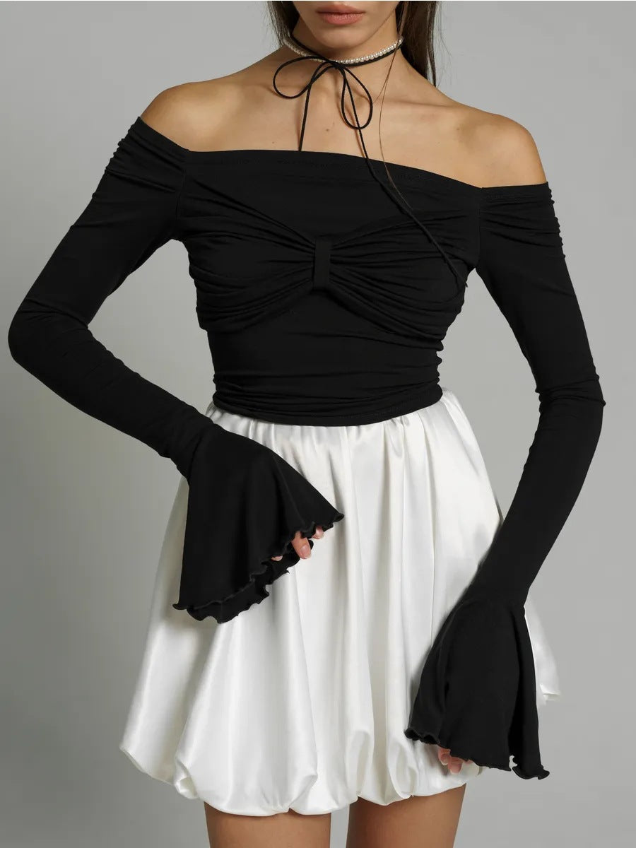 Sexy Off-shoulder Slim-fit Mesh Flared-sleeve Long Sleeve Top