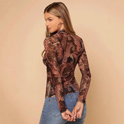Paisley Printed Stand Collar Mesh Long Sleeve Top
