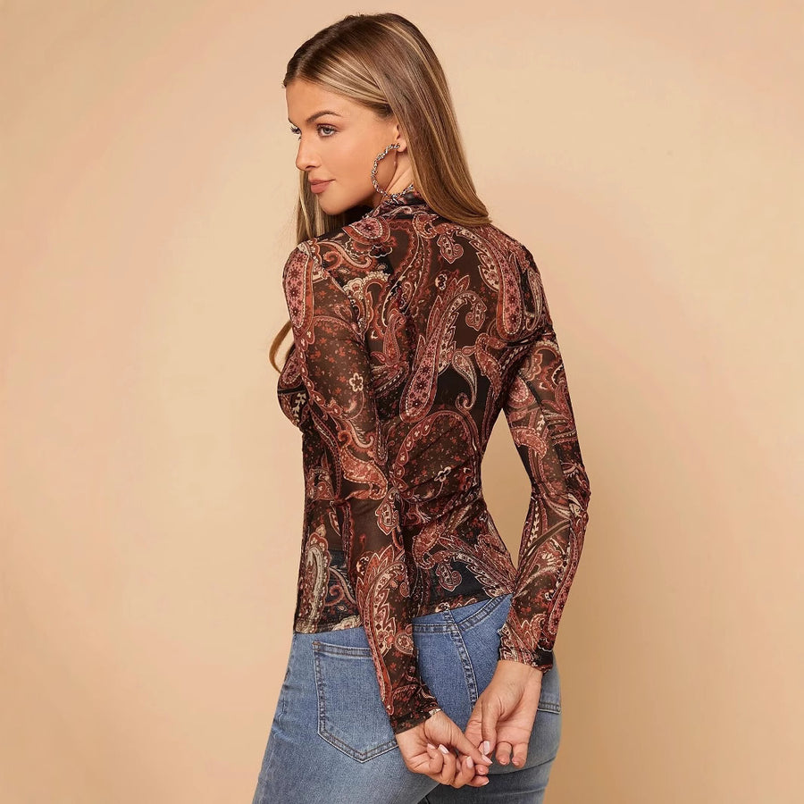 Paisley Printed Stand Collar Mesh Long Sleeve Top