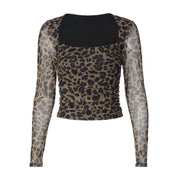 Transparent Leopard Print Mesh Sexy Crewneck Long Sleeve Top