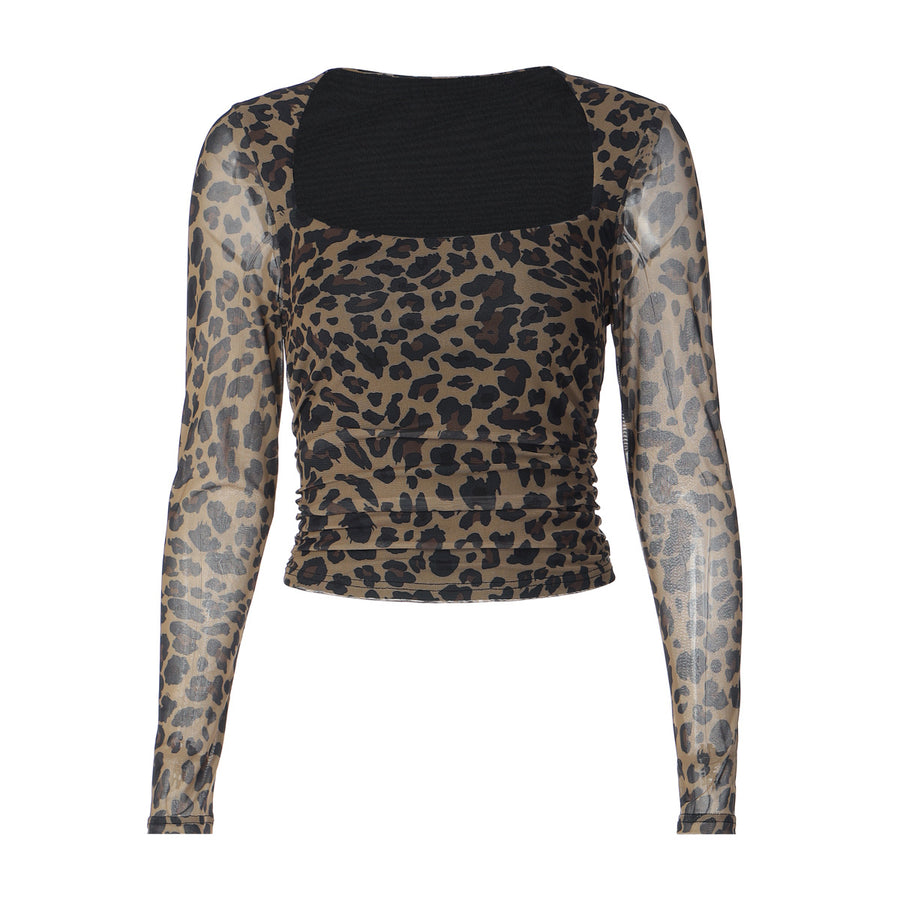Transparent Leopard Print Mesh Sexy Crewneck Long Sleeve Top