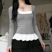 Casual Fake Two-Piece Lace Long Sleeve Top