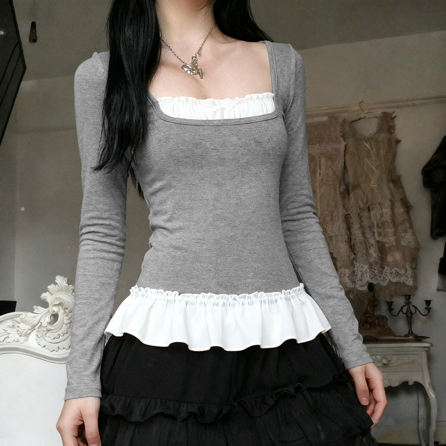 Casual Fake Two-Piece Lace Long Sleeve Top