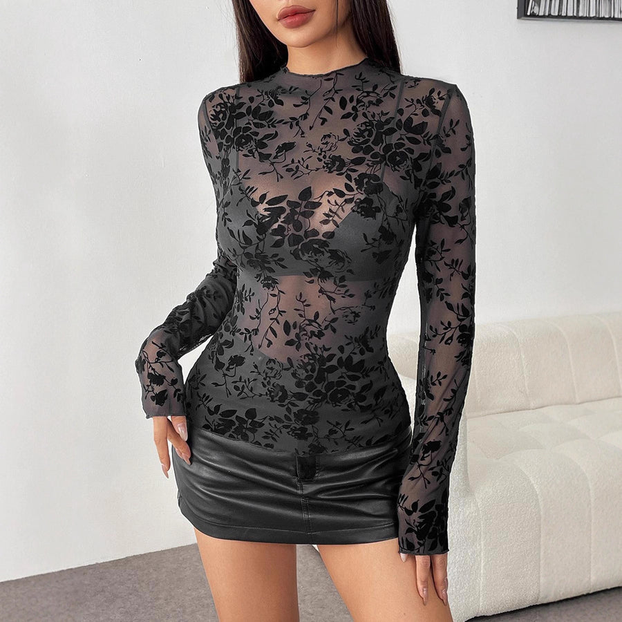 Collar Mesh Sexy Sheer Base Top