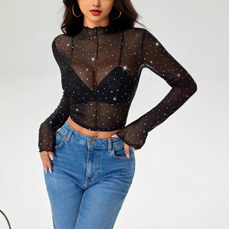Shine with this Stand-up Collar Long-sleeved Mesh Transparent Sequined Decorative Top