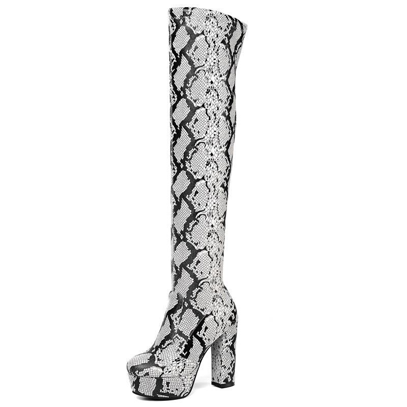 Sexy Platform Over-The-Knee Boots with Exotic Snake Print