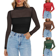 Round Neck Mesh Stitching Sheer Long Sleeve Top