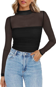 Round Neck Mesh Stitching Sheer Long Sleeve Top